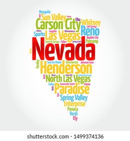 List of cities in Nevada USA state, map silhouette word cloud map concept