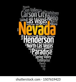 List of cities in Nevada USA state, map silhouette word cloud map concept