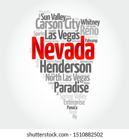 List of cities in Nevada USA state, map silhouette word cloud map concept