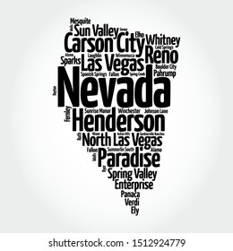 List of cities in Nevada USA state, map silhouette word cloud map concept