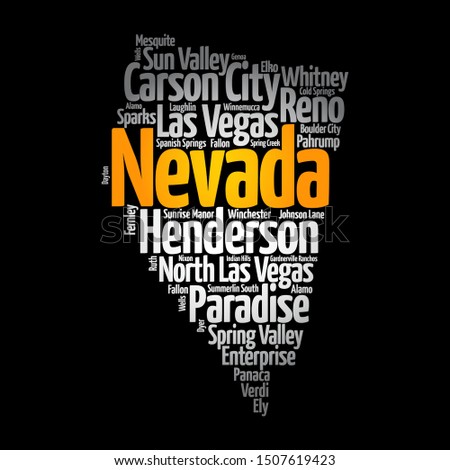 List of cities in Nevada USA state, map silhouette word cloud map concept