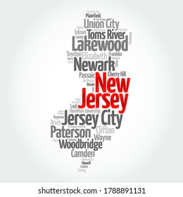 List of cities in New Jersey USA state, map silhouette word cloud, map concept background