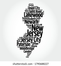 List of cities in New Jersey USA state, map silhouette word cloud, map concept background