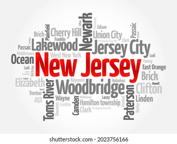 List of cities in New Jersey USA state, word cloud concept background