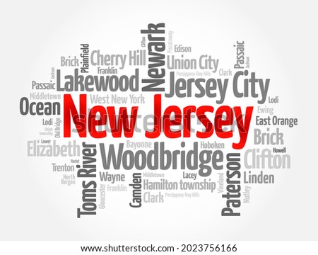 List of cities in New Jersey USA state, word cloud concept background
