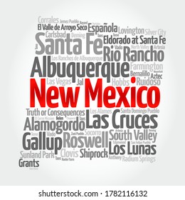 List of cities in New Mexico USA state, map silhouette word cloud, map concept background