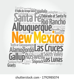 List of cities in New Mexico USA state, map silhouette word cloud, map concept background
