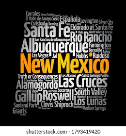 List of cities in New Mexico USA state, map silhouette word cloud, map concept background