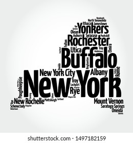 List of cities in New York USA state, map silhouette word cloud map concept