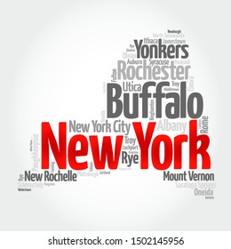List of cities in New York USA state, map silhouette word cloud map concept