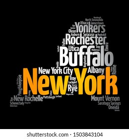 List of cities in New York USA state, map silhouette word cloud map concept svg