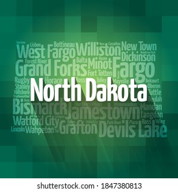 List of cities in North Dakota USA state, map silhouette word cloud, map concept background
