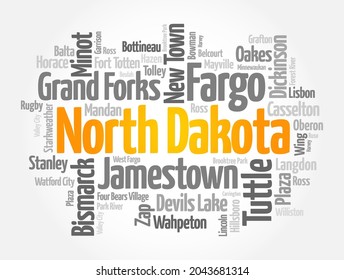 List of cities in North Dakota USA state, word cloud concept background
