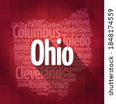List of cities in Ohio USA state, map silhouette word cloud, map concept background