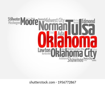 List of cities in Oklahoma USA state, map silhouette word cloud map concept