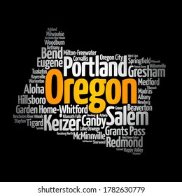 List of cities in Oregon USA state, map silhouette word cloud, map concept background