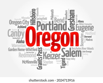 List of cities in Oregon USA state, word cloud concept background