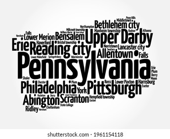 List of cities in Pennsylvania USA state, map silhouette word cloud map concept background