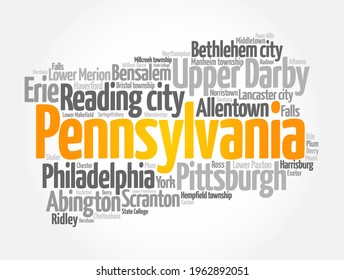 List of cities in Pennsylvania USA state, map silhouette word cloud map concept background