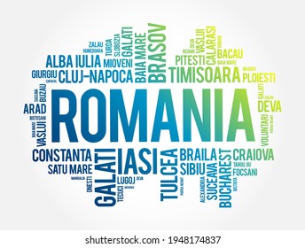 List of cities in Romania word cloud collage, business and travel concept background