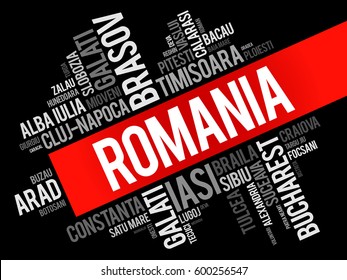 List of cities in Romania word cloud collage, business and travel concept background