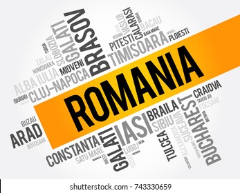 List of cities in Romania word cloud collage, business and travel concept background