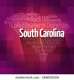 List of cities in South Carolina USA state, map silhouette word cloud, map concept background