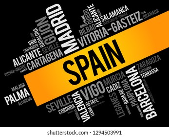 List of cities in Spain word cloud, Spanish municipalities, business and travel concept background