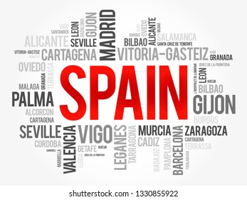 List of cities in Spain word cloud, Spanish municipalities, business and travel concept background