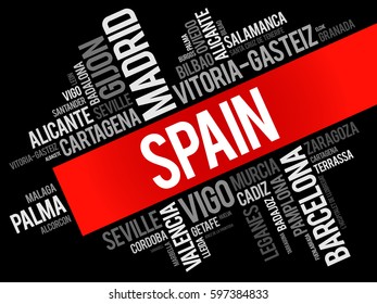 List of cities in Spain word cloud, Spanish municipalities, business and travel concept background