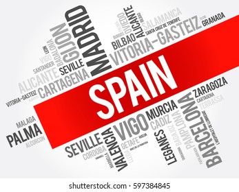 List of cities in Spain word cloud, Spanish municipalities, business and travel concept background