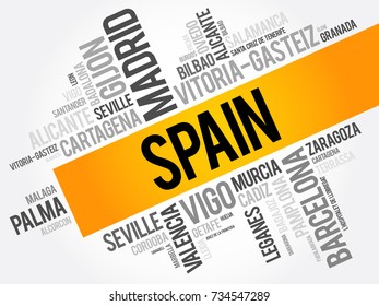 List of cities in Spain word cloud, Spanish municipalities, business and travel concept background