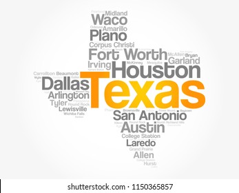 List of cities in Texas USA state word cloud map, concept background