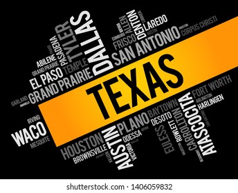 List of cities in Texas USA state word cloud, concept background