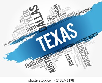 List of cities in Texas USA state word cloud, concept background