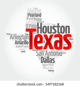 List of cities in Texas USA state, map silhouette word cloud map concept