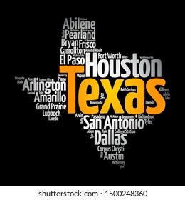 List of cities in Texas USA state, map silhouette word cloud map concept