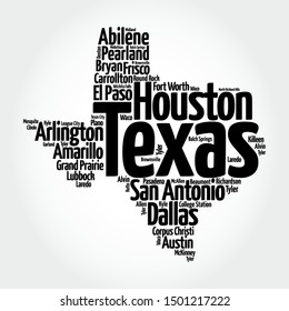 List of cities in Texas USA state, map silhouette word cloud map concept