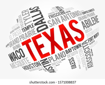 List of cities in Texas USA state word cloud, concept background