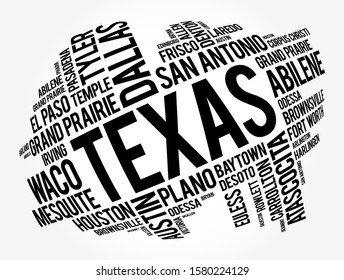 List of cities in Texas USA state word cloud, concept background