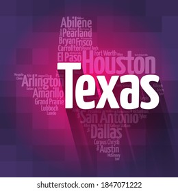 List of cities in Texas USA state, map silhouette word cloud map concept