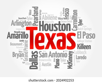 List of cities in Texas USA state word cloud, concept background