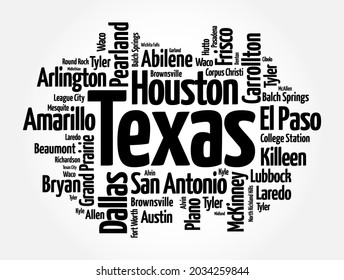 List of cities in Texas USA state word cloud, concept background