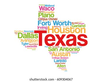 List of cities in Texas USA state word cloud map, concept background