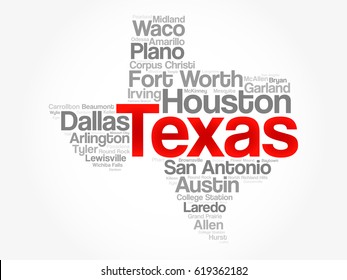 List of cities in Texas USA state word cloud map, concept background