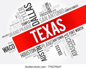 List of cities in Texas USA state word cloud, concept background