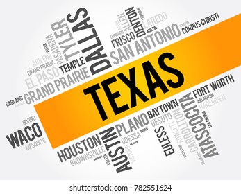 List of cities in Texas USA state word cloud, concept background