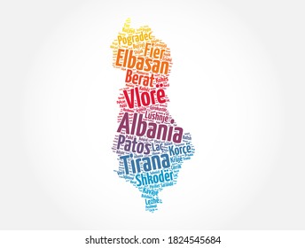 List of cities and towns in Albania, map word cloud collage, business and travel concept background