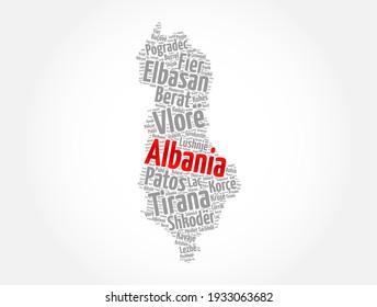 List of cities and towns in Albania, map word cloud collage, business and travel concept background