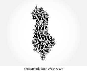 List of cities and towns in Albania, map word cloud collage, business and travel concept background